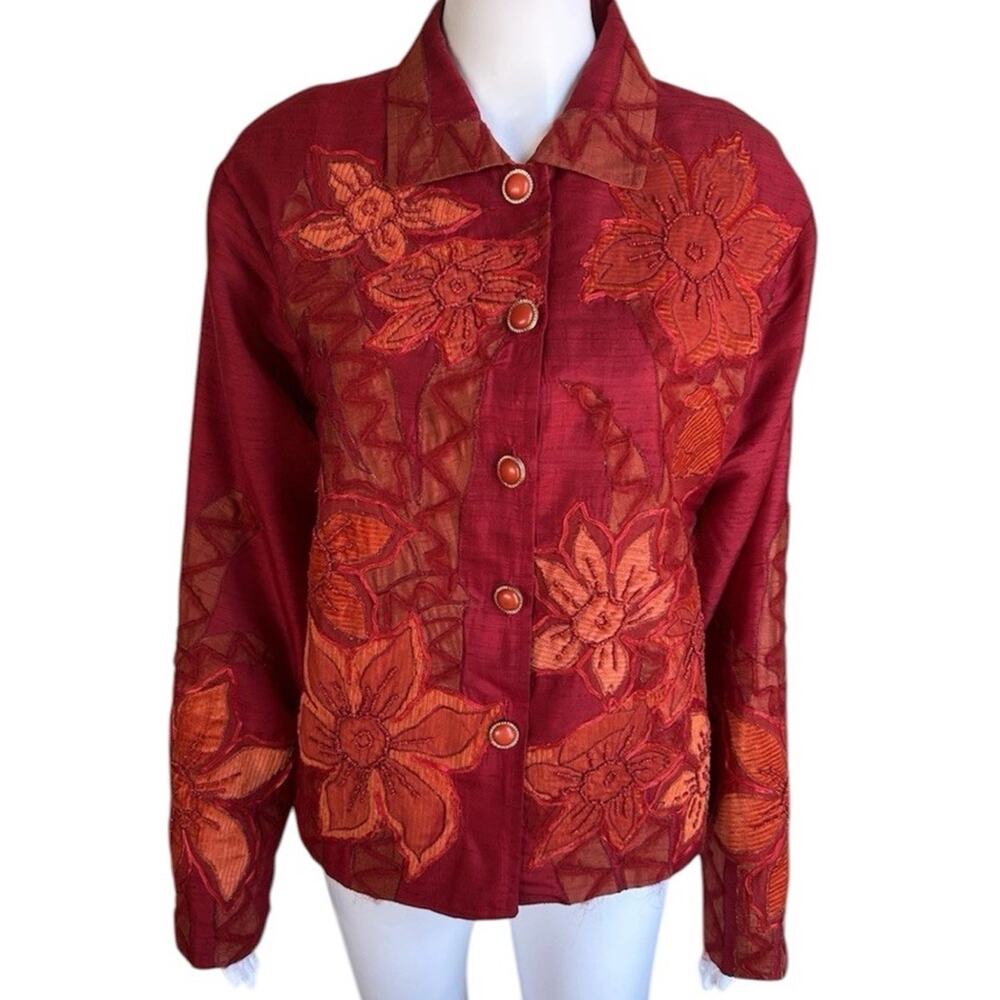 Sandy Starkman Silk Beaded Jacket Womens XL Burgundy Floral Embroidered Boho